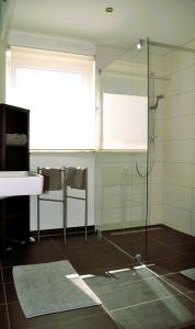 a bathroom with a glass shower with a sink and a window at Casa Bicicletta in Fuschl am See +53 photos