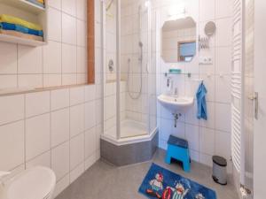 a bathroom with a shower and a sink and a toilet at Ferienhof Mültner in Nordheim vor der Rhön +32 photos