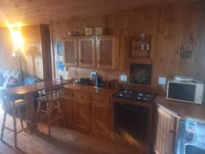 a kitchen with wooden cabinets and a table and a microwave at Emerald Hill Cabin in Mount Pleasant