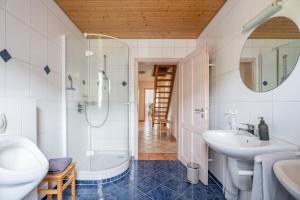 a bathroom with a shower and a sink and a toilet at Ferienwohnung im Obergeschoss in Durbach +31 photos