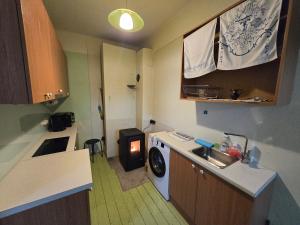 a kitchen with a washer and a stove in it at Romantisks apartaments ar lapenīti G18 in Līgatne