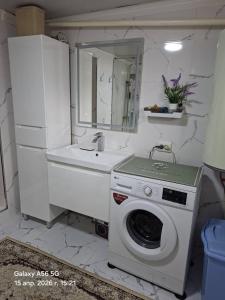 a kitchen with a washing machine and a sink at Homestay JAISEL in Bishkek