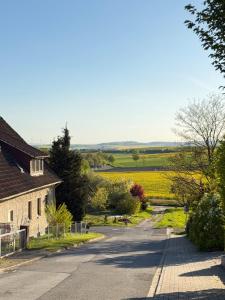 an empty road with a house and a field of flowers at RS Aparthotel in Schöppenstedt