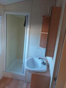 a bathroom with a white sink and a shower at mobile home A15 in Boofzheim