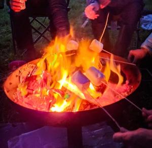 a person cooking food over a fire in a grill at Dyers Meadows Camping in Parkham