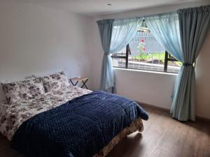 a bedroom with a bed and a window with blue curtains at The View in George