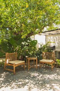two chairs and a bench under a tree at Joyful Secret Garden Residence Downtown by 8essentially in Chania