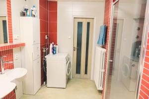 a bathroom with a sink and a washer and dryer at Dům cestovatele in Uherský Brod