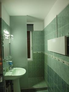 baño de azulejos verdes con lavabo y ducha en Anna Apartment, en Brasov