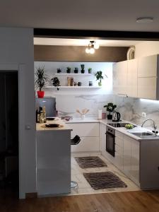 a kitchen with white counters and white cabinets at Allegra lux in Sombor