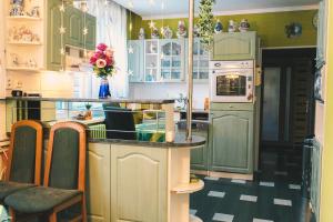 a kitchen with green cabinets and a counter top at Dům cestovatele in Uherský Brod
