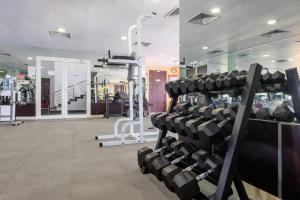a gym with a rack of dumbbells at Plazza In Hotel in Doha