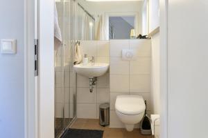 a small bathroom with a toilet and a sink at Belvedere-Remise in Weimar +7 photos
