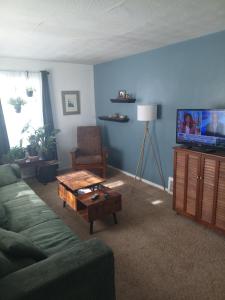 a living room with a couch and a table and a tv at Binghamton Studio in Binghamton