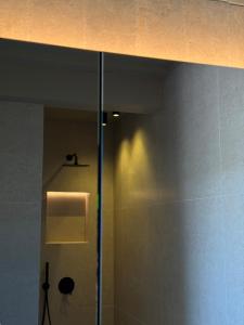 a bathroom with a shower with a glass door at Chosen Hideaway Near Cologne in Neunkirchen-Seelscheid