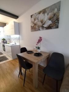a dining room table with two chairs and a kitchen at Allegra lux in Sombor +32 photos