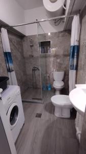 a bathroom with a shower and a toilet and a sink at Lili's House in Delvinë +38 photos