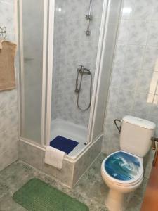 a bathroom with a shower with a toilet at Penzión Kýčera in Oščadnica