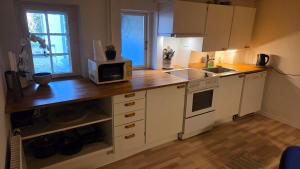 a kitchen with a counter with a microwave and a sink at Gamle Præstegård, viceværtlejlighed in Årup