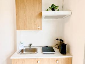 a kitchen with a sink and a laptop on a counter at Casa Buda 2BR Apartment-Lakes Malpensa MXP 24h Check-in Parking in Sesto Calende