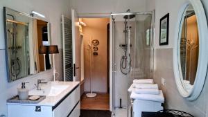 a bathroom with a shower and a sink and a mirror at Casa Bruna in Levanto +39 photos