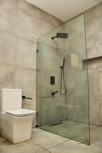 a bathroom with a glass shower with a toilet at Venue 360 Hotel in Freetown +35 photos