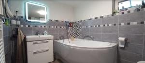 a bathroom with a tub and a sink and a mirror at Chalupa pod smrky in Bedřichov +9 photos