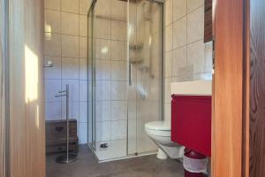 a bathroom with a toilet and a glass shower at Stadel de Riedmatten in Reckingen - Gluringen