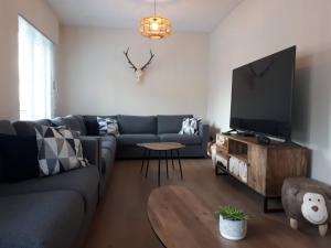 a living room with a blue couch and a flat screen tv at Chalet Du Mont in Ruien