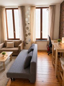 a living room with a couch and some windows at Appartement bien-être in Liège