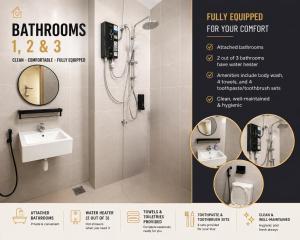 a advertisement for a bathroom with a shower and a sink at Homestay Medina Sendayan in Kampong Baharu Jimah