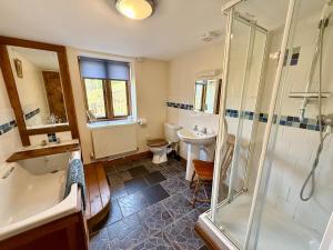 a bathroom with a shower and a sink and a toilet at Very spacious rural 2 bed barn sleeps 5 in Usk +11 photos