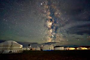 a starry night with domes in a field at Mongol Altai Tour Camp in Högönö-Taranaiin-Hüree