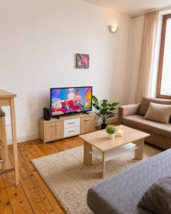 a living room with a flat screen tv at Appartement bien-être in Liège