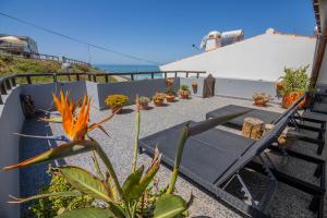 a patio with a table and chairs and plants at Agapito's Houses in Praia de Odeceixe