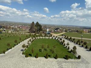 a large garden with trees on a grass field at GB Cazare in Volovăţ