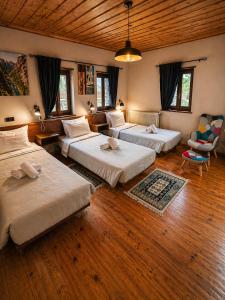 ein großes Zimmer mit drei Betten und einer Couch in der Unterkunft Vikos View in Aristi