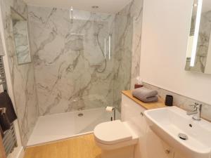 a bathroom with a toilet and a sink and a shower at Little Plumtree in Milnthorpe +19 photos