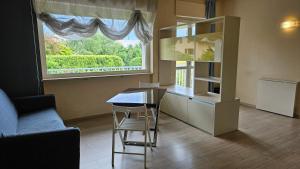 a living room with a table and a window at Hotel Residence Juvarra Centro Benessere in Biella
