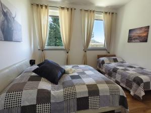 two beds in a room with two windows at Ferienwohnung Kirchenbauer in Rieding