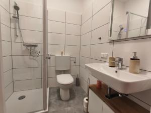 a bathroom with a toilet and a sink and a shower at Ferienwohnung Kirchenbauer in Rieding