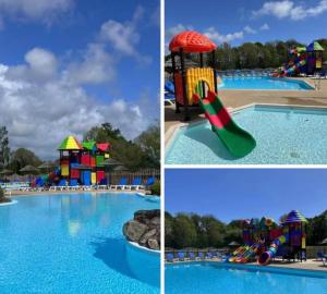 a collage of four pictures of a water park at Camping paradis in Clohars-Carnoët