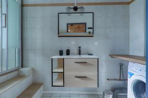 a bathroom with a sink and a washing machine at L'escarpin - Billiards - Historic in Romans-sur-Isère +7 photos