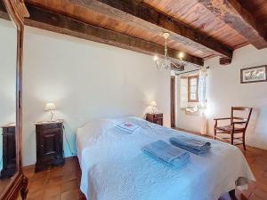 a bedroom with a large bed with a blue blanket at Holiday Home Le Petit Gîte by Interhome in Jayac