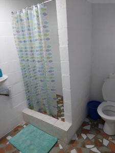 a bathroom with a shower curtain and a toilet at Cozy Corner Unit 1 and unit 2 in Bredasdorp +14 photos