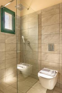 a bathroom with a toilet and a glass shower at Spiros house in Svoronata +69 photos