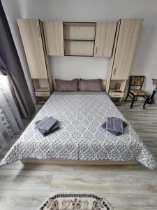 ein Schlafzimmer mit einem Bett und zwei Kissen darauf in der Unterkunft D'oro in Tulcea