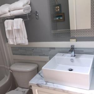 a bathroom with a sink and a toilet and a mirror at Lantern Hill & Hollow in Ingonish Beach