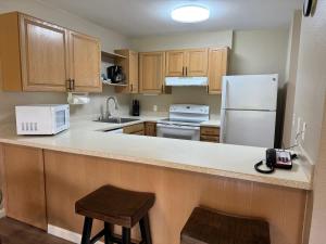 a kitchen with wooden cabinets and a white refrigerator at 2 Bedroom OceanView Condo Pono Kai Resort E103 in Kapaa