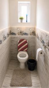 a bathroom with a toilet with a red and white striped seat at Asraf village guesthouse in Aydar Kul’ +43 photos